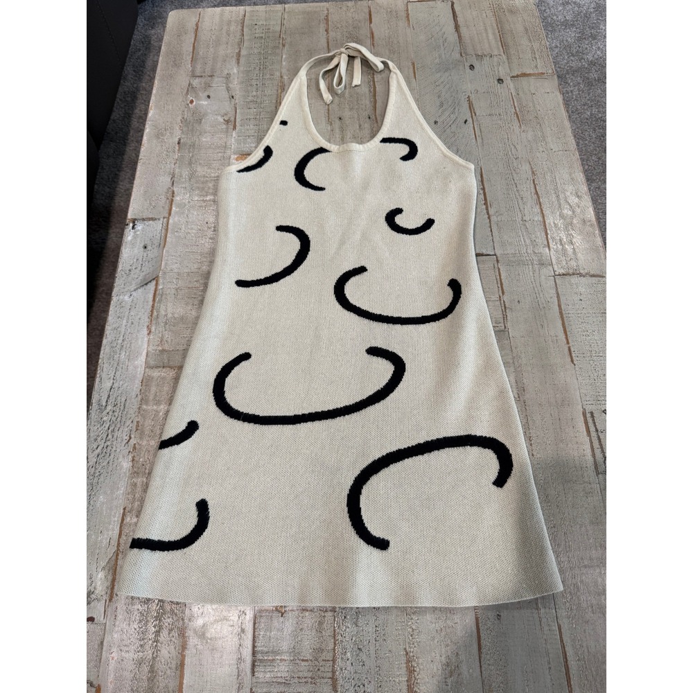VRG GRL Cream Black Abstract Knit Halter Mini Dress Size 10 Sleeveless Summer
